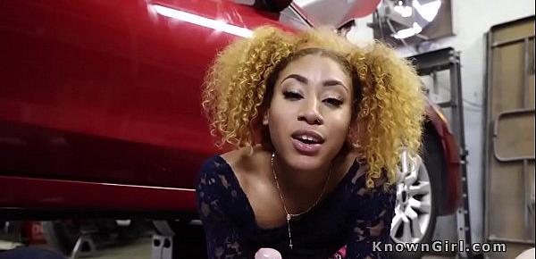  Ebony gf gives blowjob to mechanic in his shop